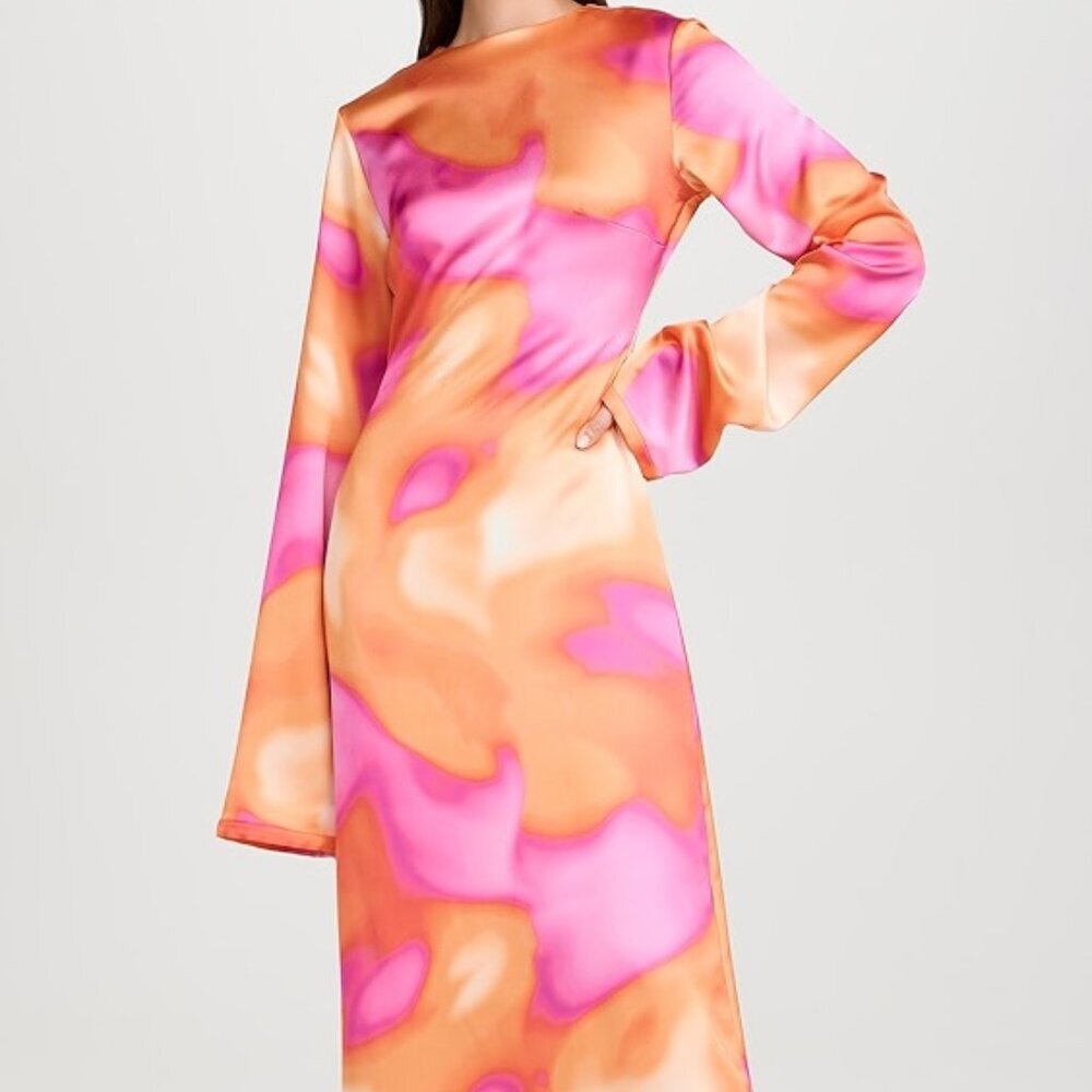 Orire Pink Orange Long Sleeve Aqua Print Dress
